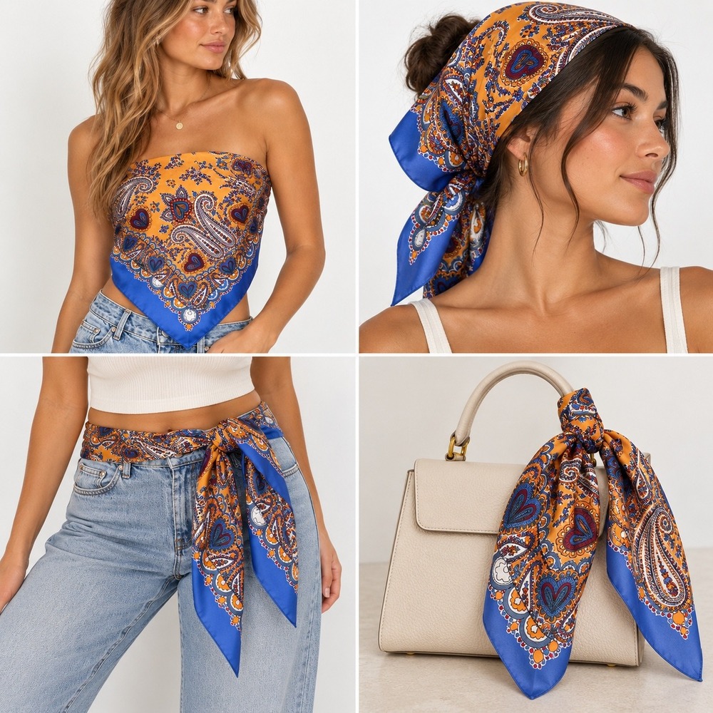Square Scarf OS Blue Orange Paisley Silk Hand Rolled Blend Boho Festival Retro